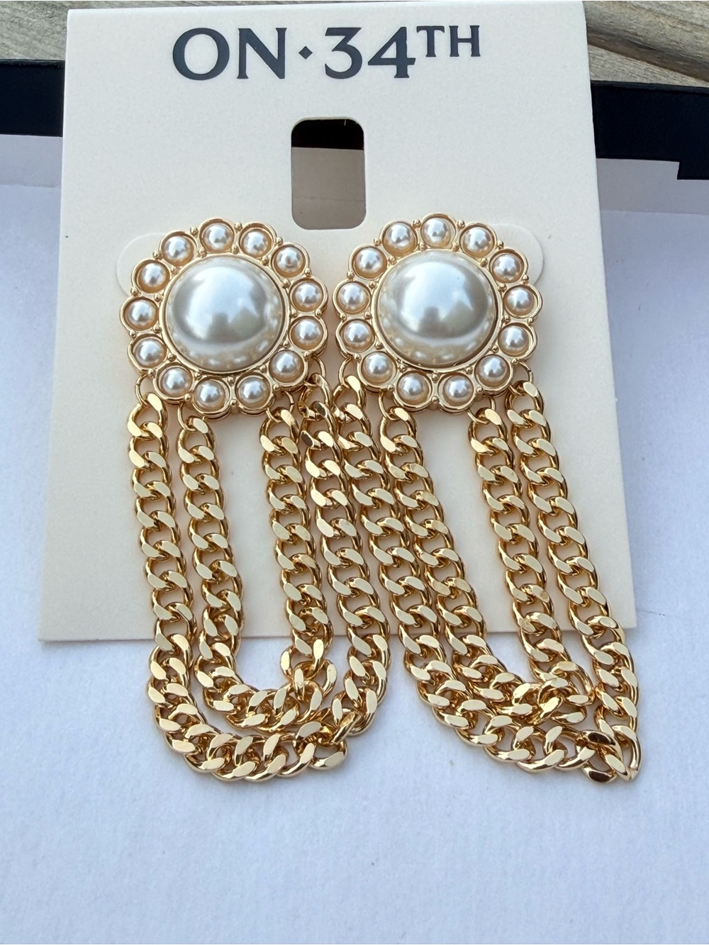 On 34th Gold-Tone Pearl Halo Chain Drop Earrings